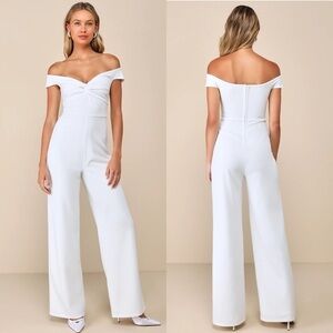 NWT Lulu’s Stunning Existence White Off-the-Shoulder Knot-Front Jumpsuit Medium